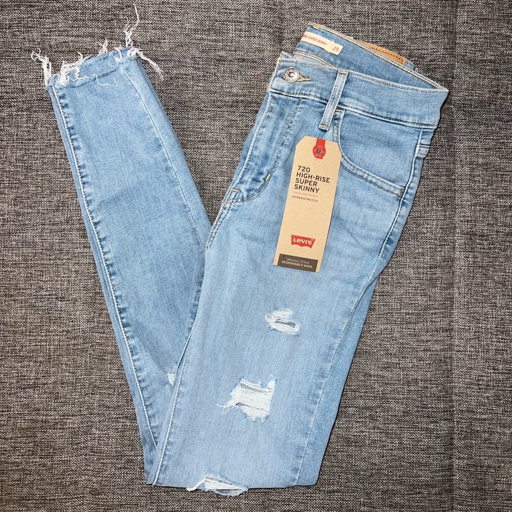 NWT Levi’s 720 High Rise Super Skinny Slim Blue Ripped Jeans